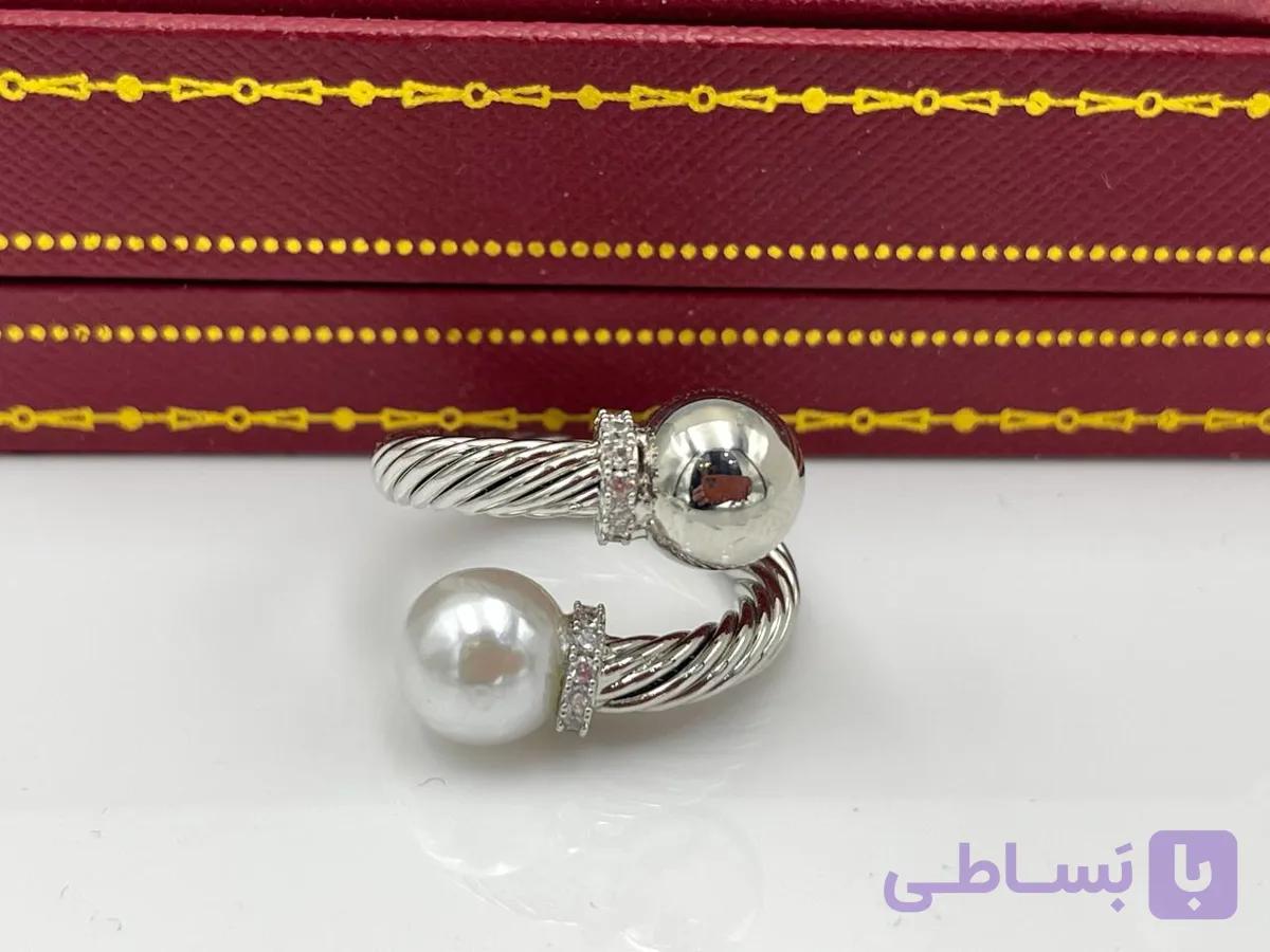 انگشتر مفتولی نقره ای مروارید و گوی