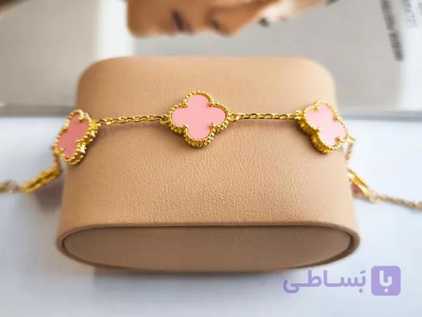 دستبند ونکلیف صورتی زنجیری طلایی کد 10968 — تصویر 1