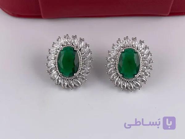 گوشواره مجلسی نگین سبز لاکچری — تصویر 1
