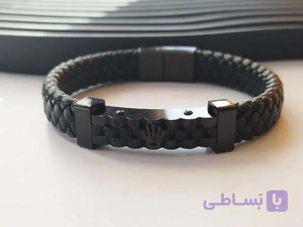 دستبند چرم رولکس ضخیم مشکی — تصویر 1