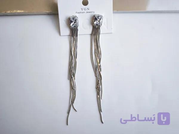 گوشواره آویز ریسه ای بلند نقره ای کد 10751 — تصویر 1