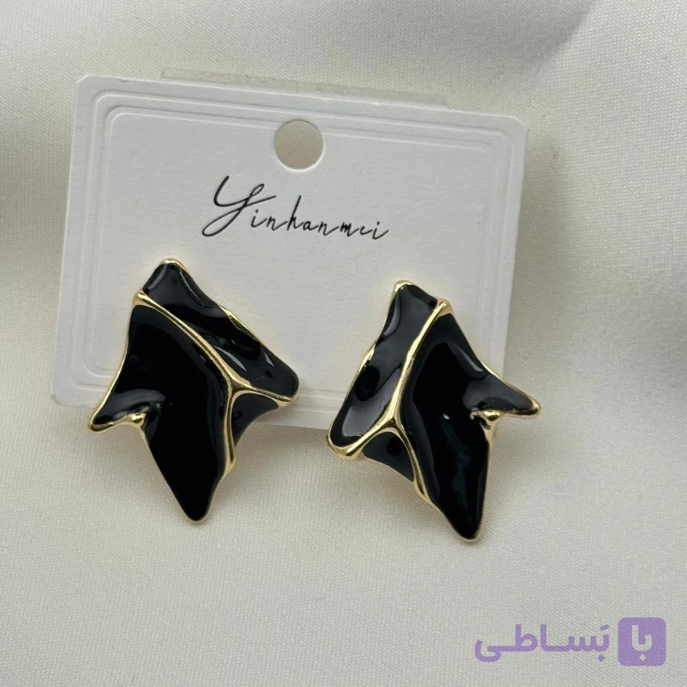 گوشواره طرح موج مشکی با فریم طلایی — تصویر 1