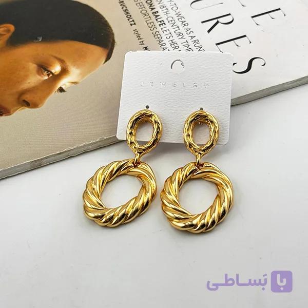 گوشواره آبکاری طلایی حلقه‌ای بافت‌پیچ خورده دوقسمتی — تصویر 1