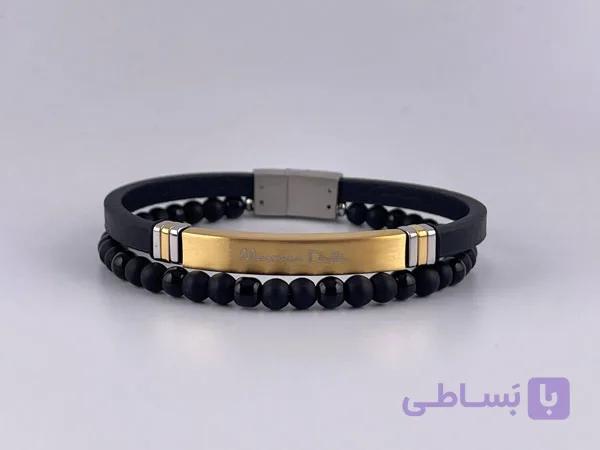دستبند چرم دولاین با پلاک و قفل استیل — تصویر 1