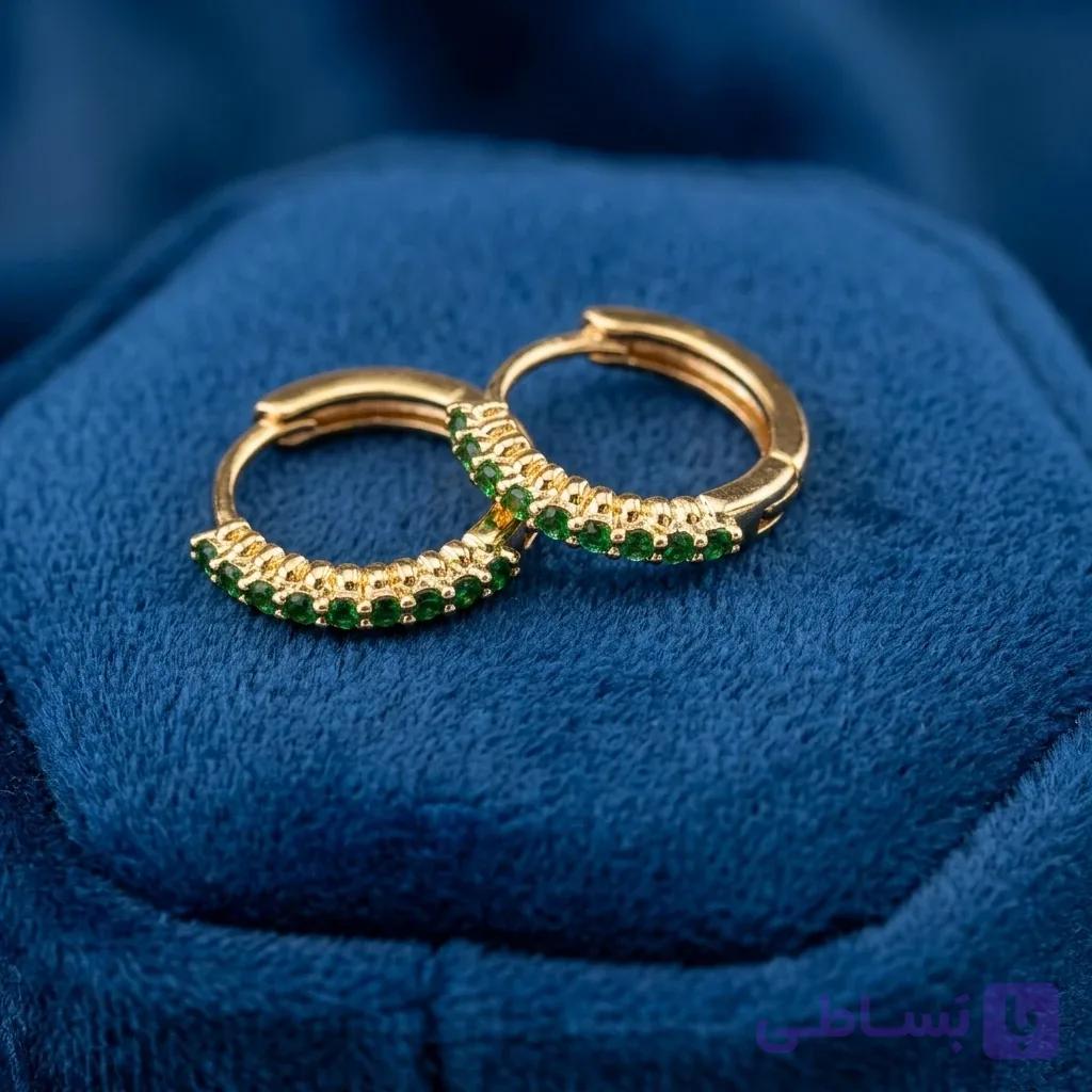 گوشواره حلقه‌ای ژوپینگ با نگین سبز زمردین — تصویر 1