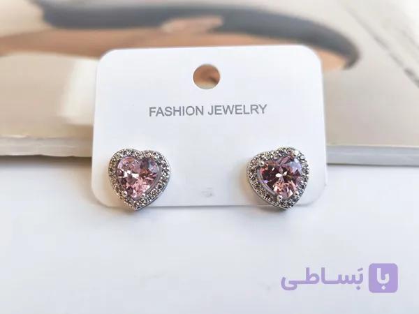 گوشواره قلب صورتی دور نگین مخراج کد 10380 — تصویر 1
