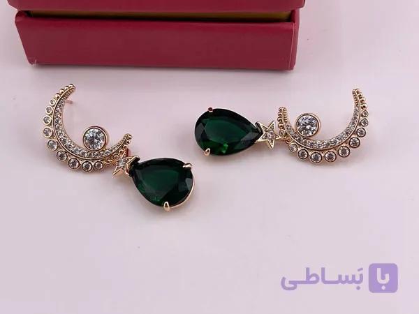 گوشواره ژوپینگ اشکی سبز و ماه — تصویر 1