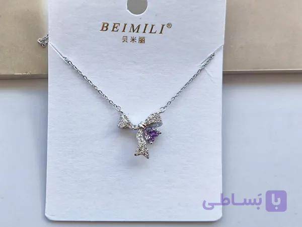 گردنبند پاپیون نگینی نقره ای کد 10417 — تصویر 1