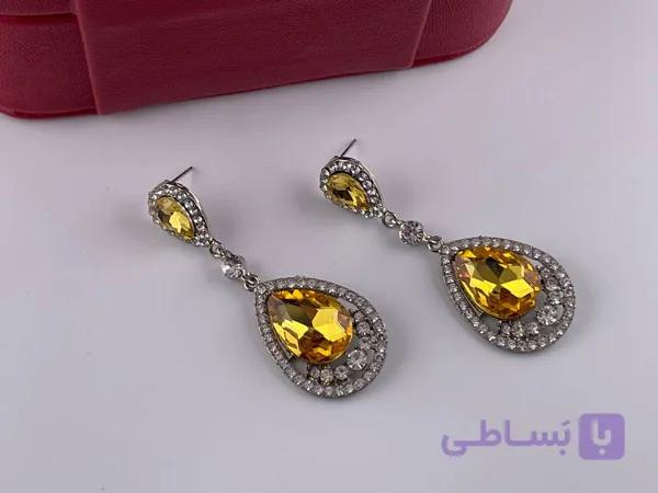 گوشواره مجلسی کریستالی عسلی دورنگین — تصویر 1