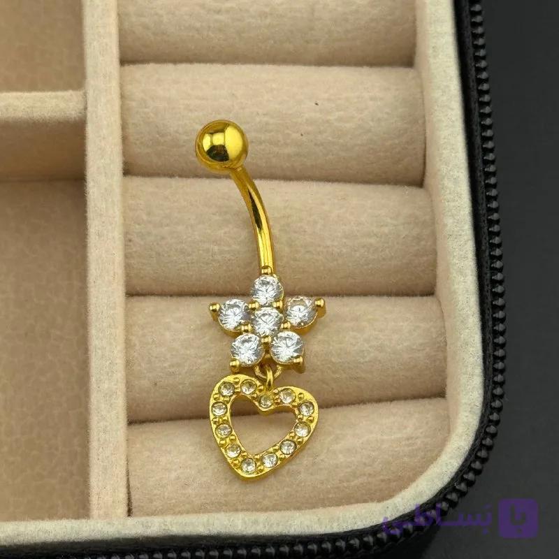 پیرسینگ ناف آویزدار طرح گل و قلب طلایی — تصویر 1
