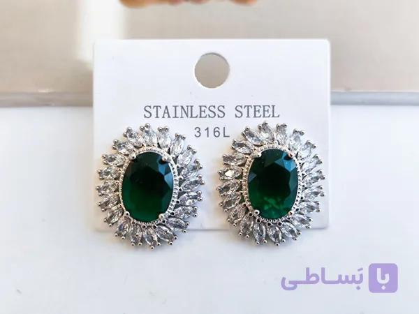 گوشواره نگین سبز طرح جواهر مجلسی کد 10755 — تصویر 1