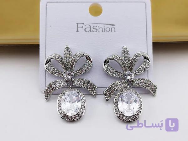 گوشواره پاپیون مجلسی آویز تک نگین — تصویر 1