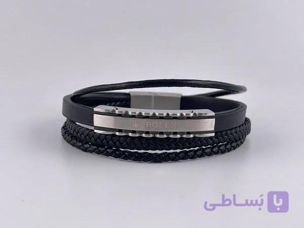 دستبند چرم چندلاین با پلاک استیل رولکس — تصویر 1
