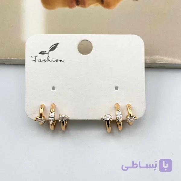 گوشواره ژوپینگ حلقه‌ای سه‌ردیفه با نگین تراش — تصویر 1