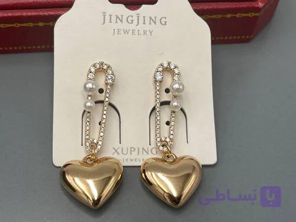گوشواره ژوپینگ مروارید و نگینی با آویز قلب طلایی — تصویر 1