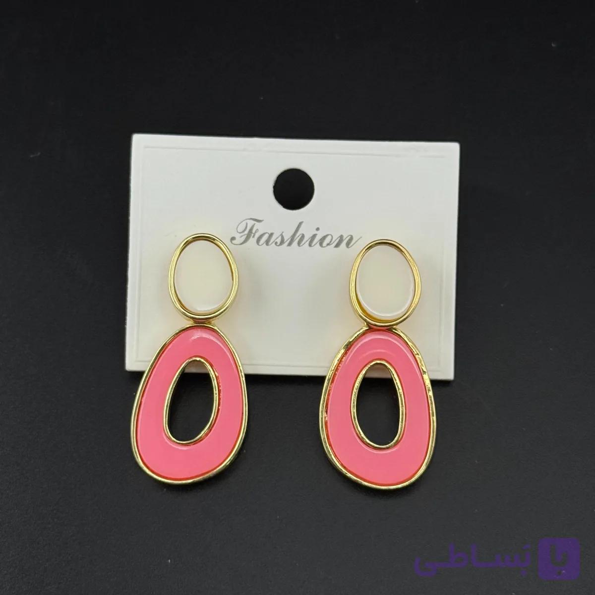 گوشواره آویزی مینایی صورتی و طلایی — تصویر 1