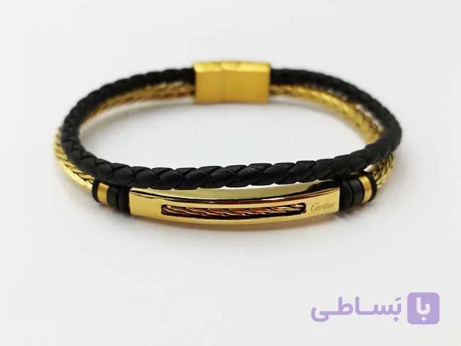 دستبند چرم و استیل کارتیر طلایی — تصویر 1