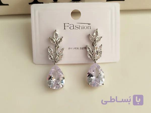 گوشواره گل نگینی آویز اشکی کد 10379 — تصویر 1