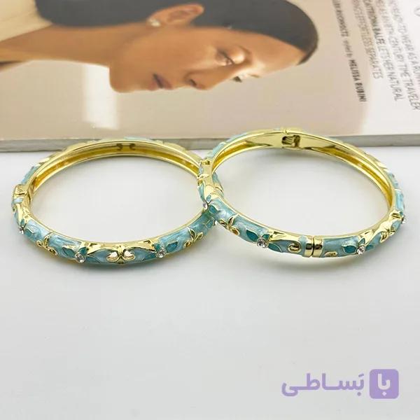 دستبند میناکاری گل نگین‌دار آبی طلایی — تصویر 1