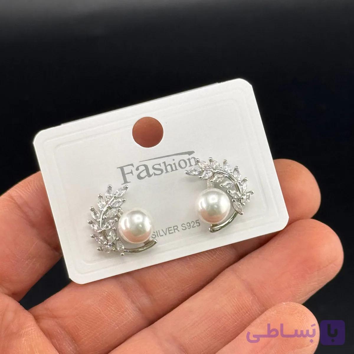 گوشواره میخی برگ و مروارید — تصویر 1
