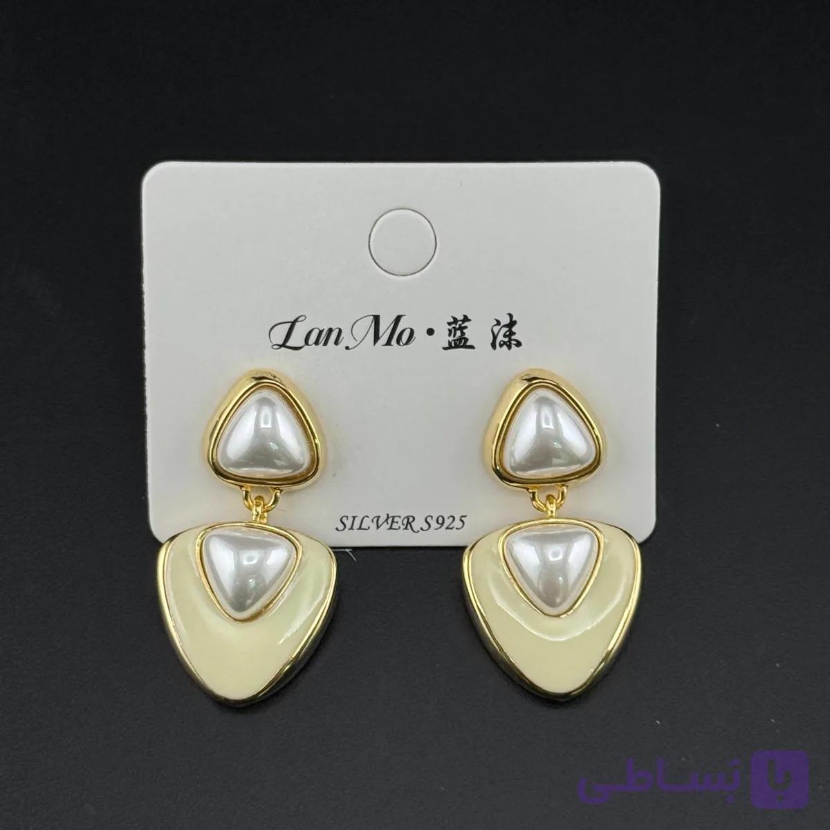 گوشواره هندسی کرم و مرواریدی — تصویر 1