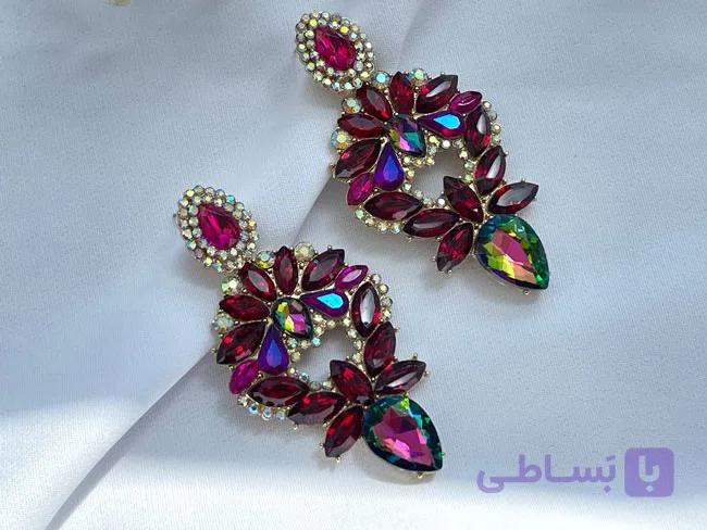 گوشواره مجلسی با نگین قرمز و صورتی کد GO213 — تصویر 1