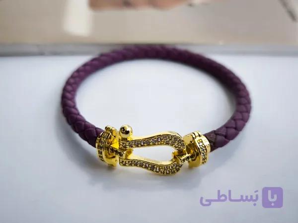 دستبند قفل فرد چرمی نگین مخراج کد 10711 — تصویر 1