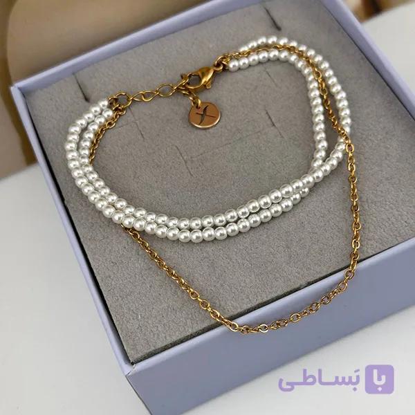 دستبند دولاین با مروارید ریز و زنجیر طلایی — تصویر 1