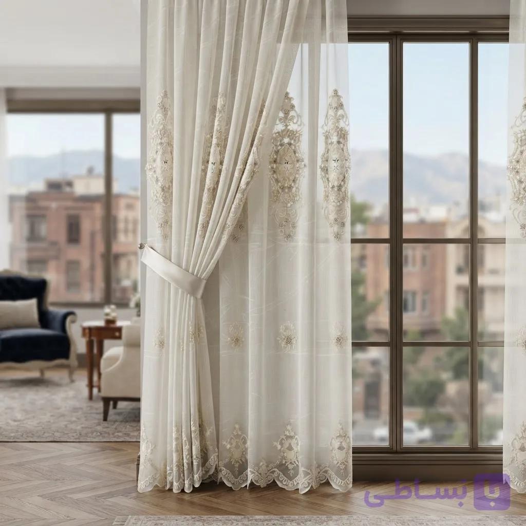 پرده تور گلدوزی سالنی کلاسیک سنگین مروارید و نگین دوزی با گل مخمل کدchu250