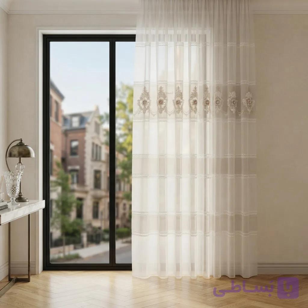 پرده تور گلدوزی سالونی حاشیه دار کد295d