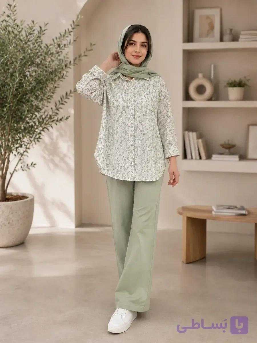 شومیز بنزلی طرح گل سفید_زیتونی