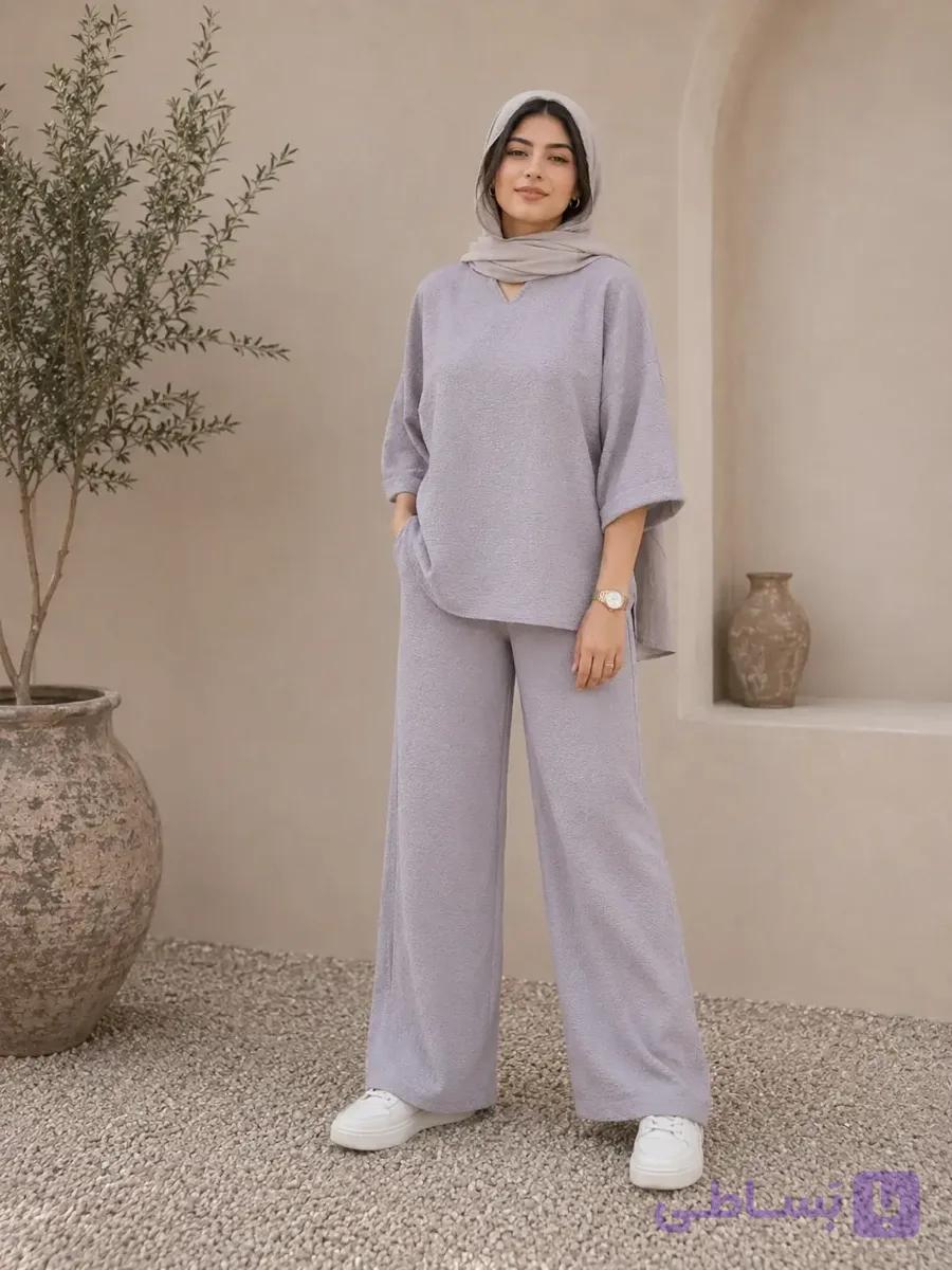 ست تونیک و شلوار زنانه بنزلی پفکی نخودی