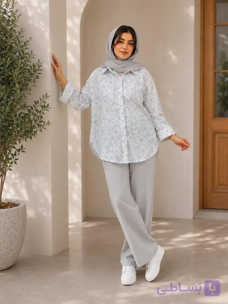 شومیز بنزلی طرح گل سفید_آبی آسمانی