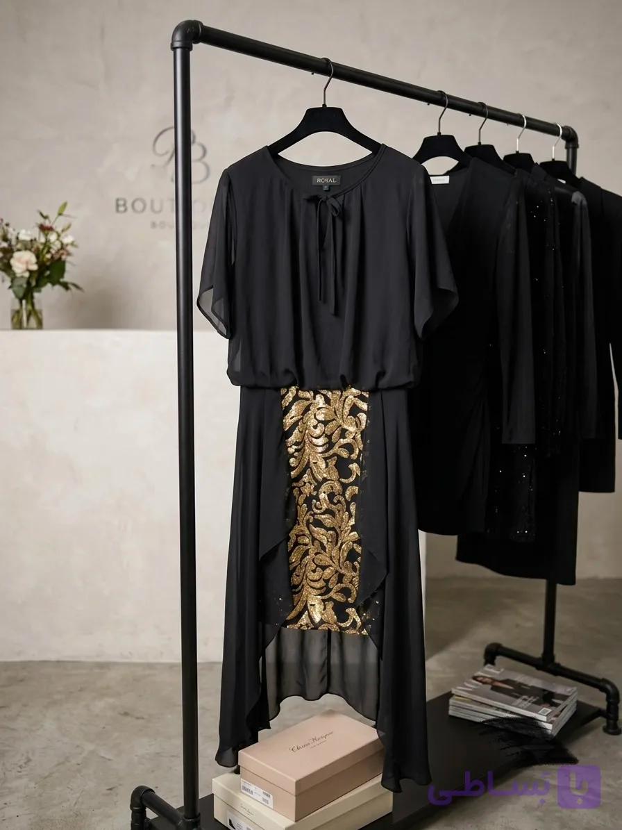 پیراهن مجلسی مشکی حریر و پولک دوزی سایز ۴۰