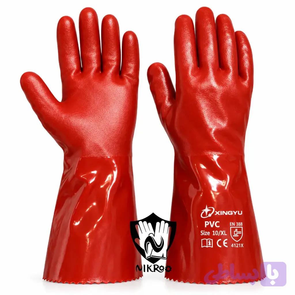 دستکش ضد اسید ژینگ ژو PVC قرمز ساق بلند اکتی فرش