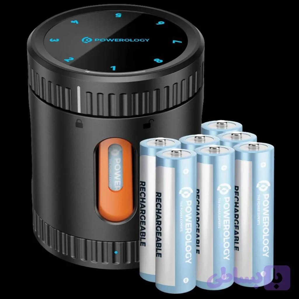 شارژر هوشمند و باکس نگهداری باتری پاورولوژی Powerology Neon Smart Battery Charging Case همراه با 8 باتری قلمی — تصویر 1