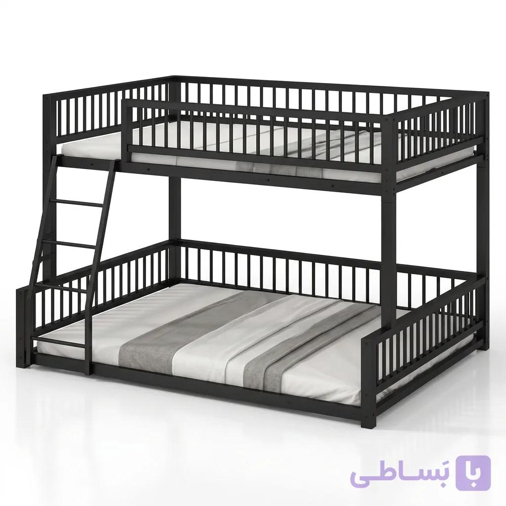 تخت خواب دو طبقه فلزی مدرن مشکی  (همراه با نرده محافظ و نردبان) — تصویر 1
