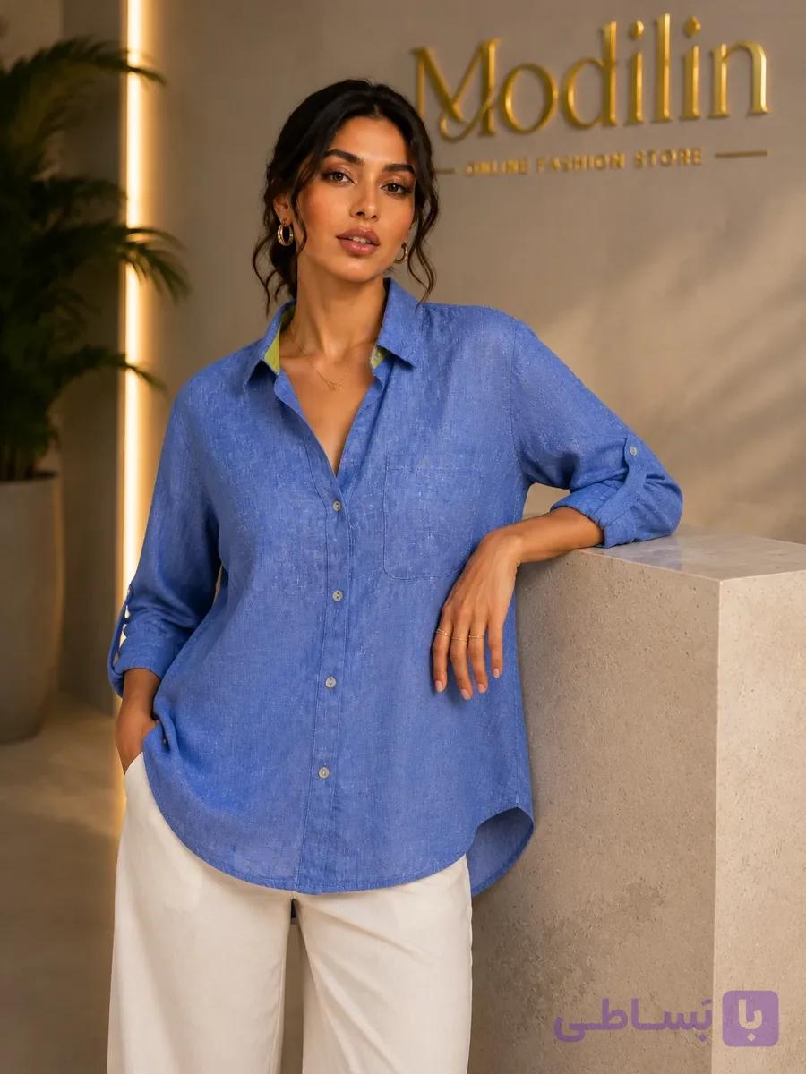 شومیز زنانه آبی لینن — تصویر 1
