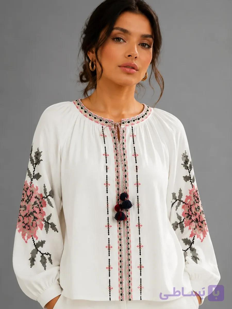 شومیز زنانه شماره‌دوزی گل رز با یقه سنتی — تصویر 1