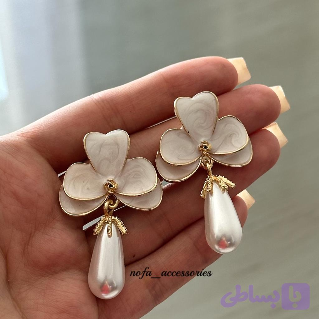 گوشواره میناکاری گل آویز مروارید — تصویر 1