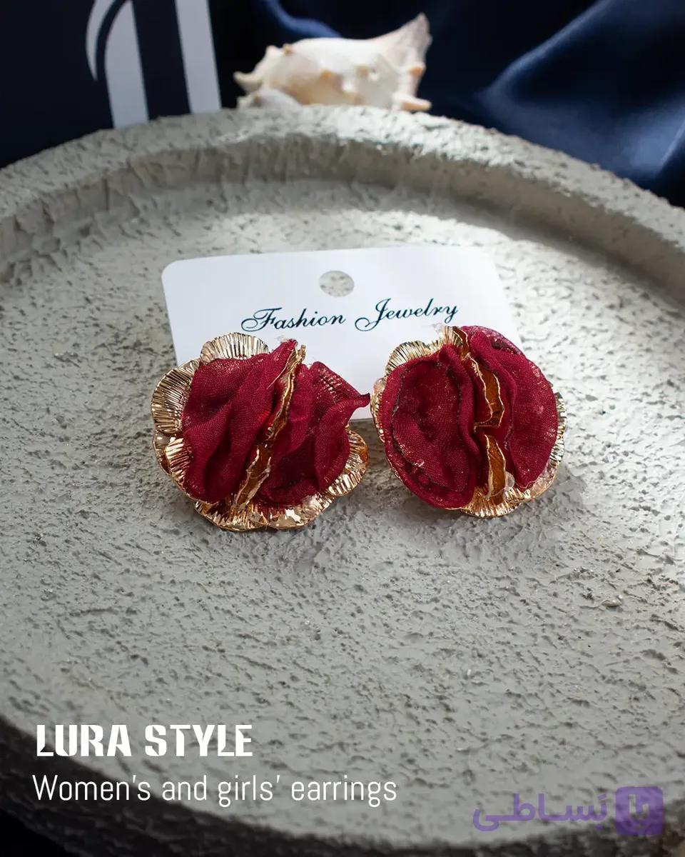 گوشواره طرح گل برگ قرمز طلایی استیل ۱۰۱۰۵۹ — تصویر 1
