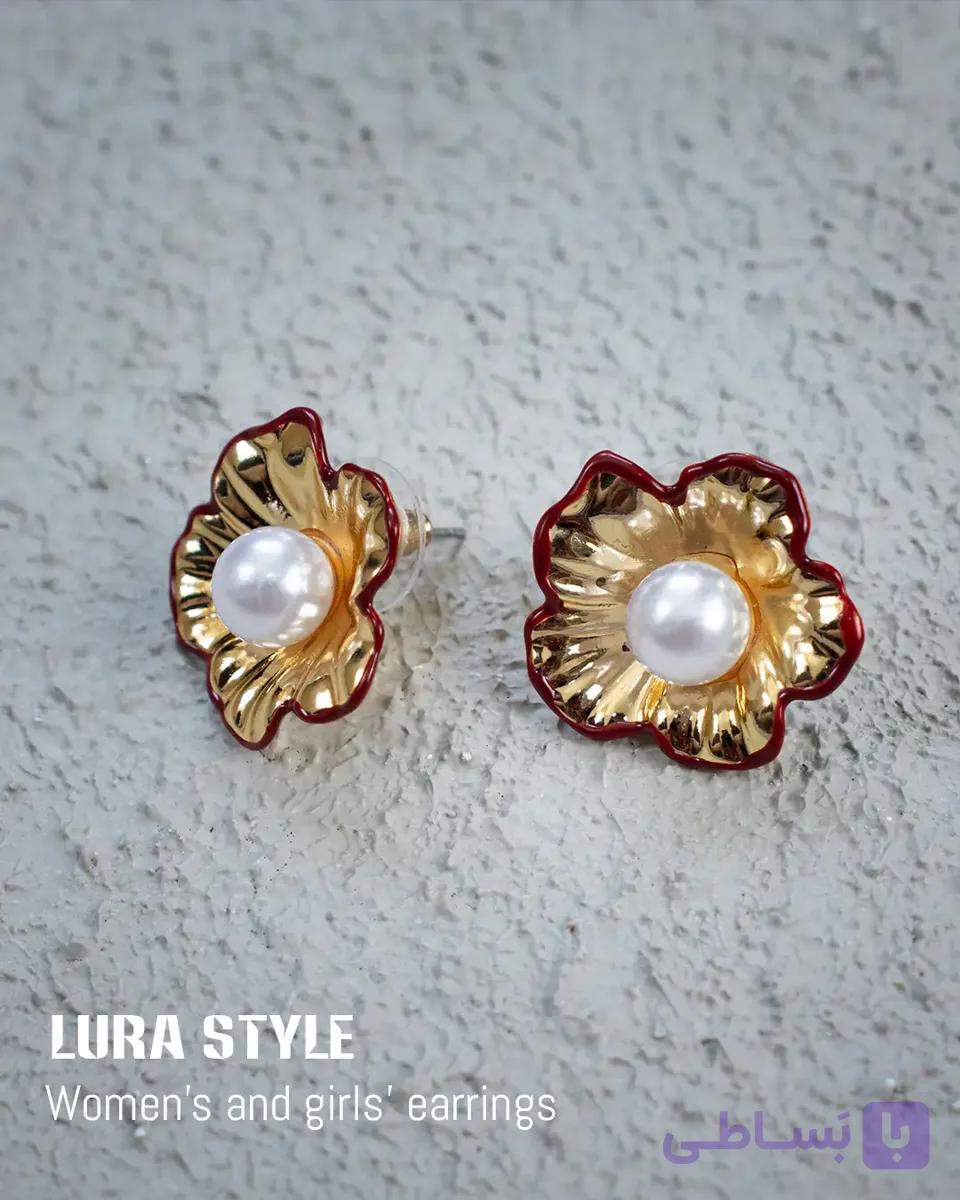 گوشواره گل طلایی قرمز مرواریدی استیل ۱۰۱۰۷۱ — تصویر 1