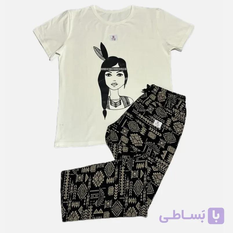 ست تی شرت و شلوار نخی زنانه طرح دختر سرخ پوست برند بیتاش سایز بزرگ