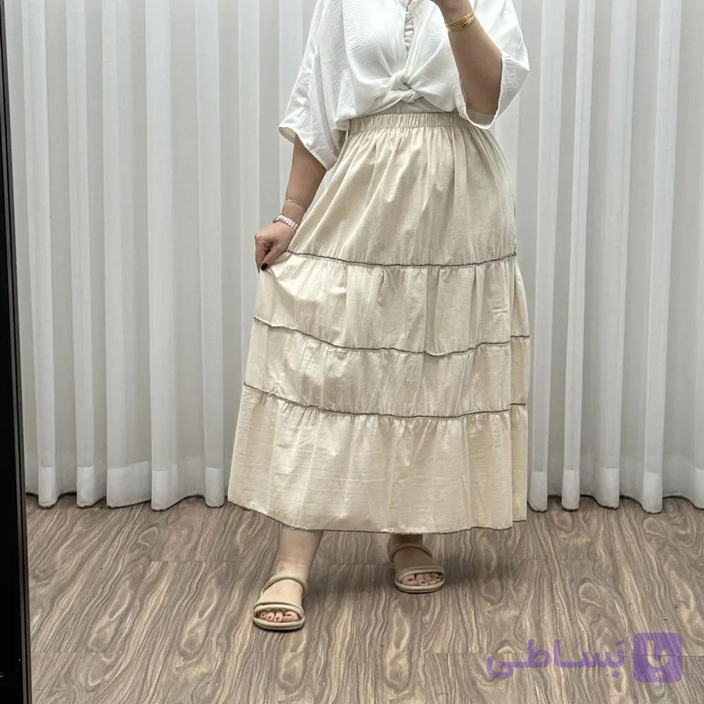 دامن بلند زنانه لینن کرم مدل طبقه ای فری سایز مناسب تا سایز 50