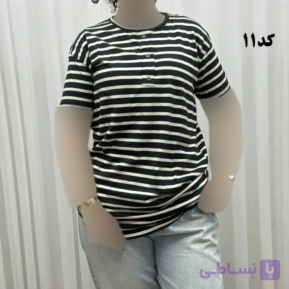 تیشرت زنانه راه راه نخ پنبه دکمه نما آستین کوتاه مناسب استفاده روزمره