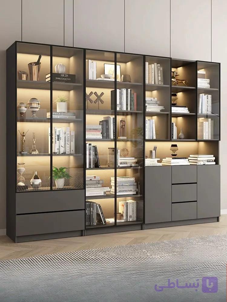 کتابخانه درب شیشه‌ای فریم‌لس — مدل لوکس آریو کابین