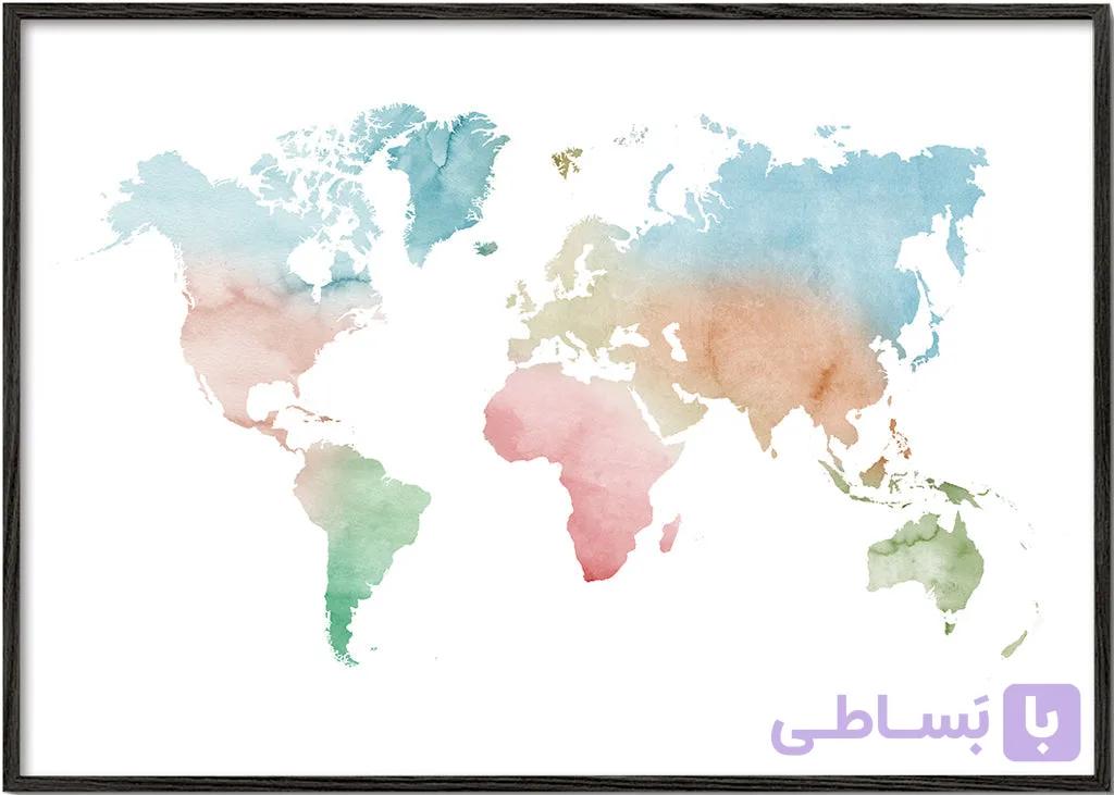 تابلو دکوراتیو نقشه جهان آبرنگی با رنگ‌های پاستلی – Watercolor World Map – Pastel colors — تصویر 1