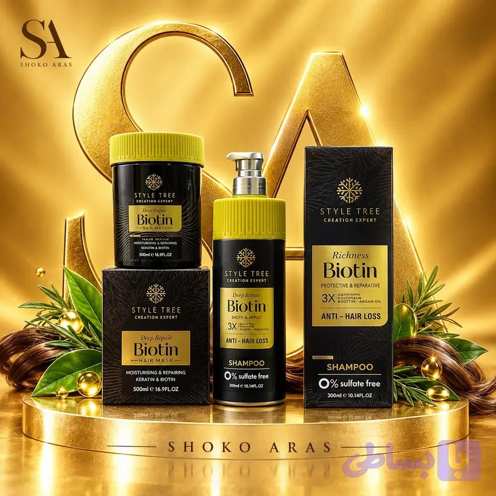 پک ماسک و شامپو ضد ریزش مو کراتین کوئین Style Tree مدل Richness Biotin بدون سولفات حجم 750 میلی‌لیتر