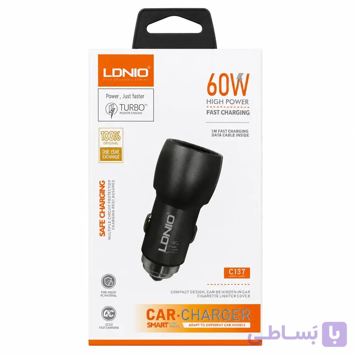 شارژر فندکی خودرو LDNIO مدل C137 با توان 60 وات — تصویر 1