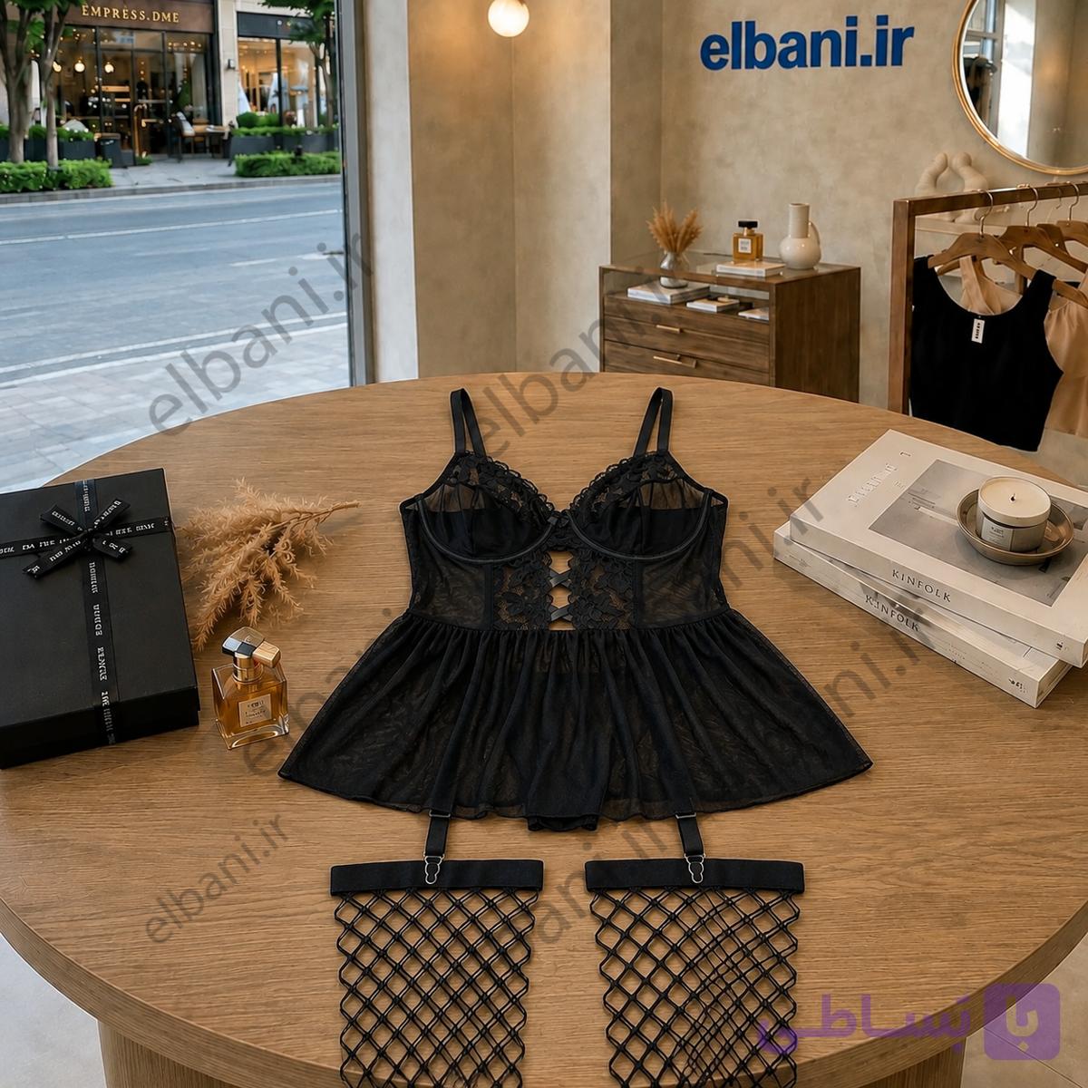 لباس خواب آی تن فنردار سایز بزرگ رنگ مشکی به همراه جوراب زنبوری کد 4052